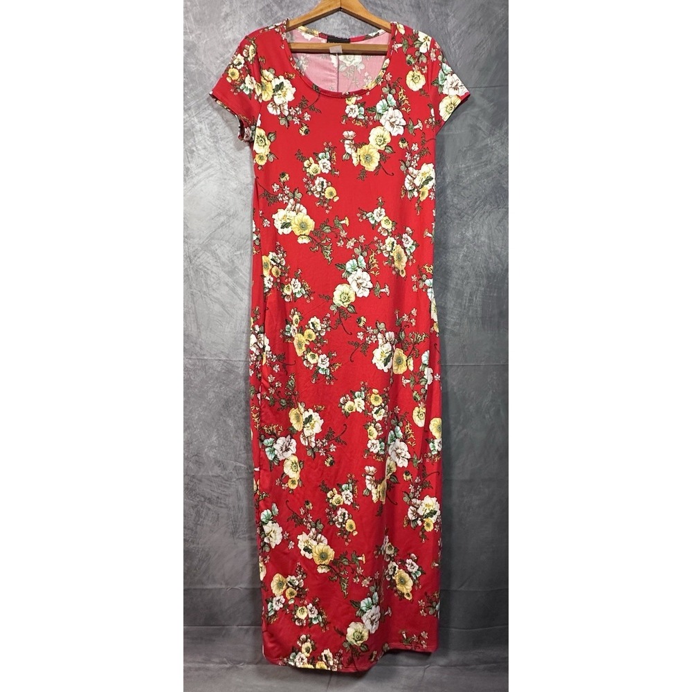 Discreet Bodycon Dress Womens XL Red Floral Stretch Round Neck Short Sleeve Midi